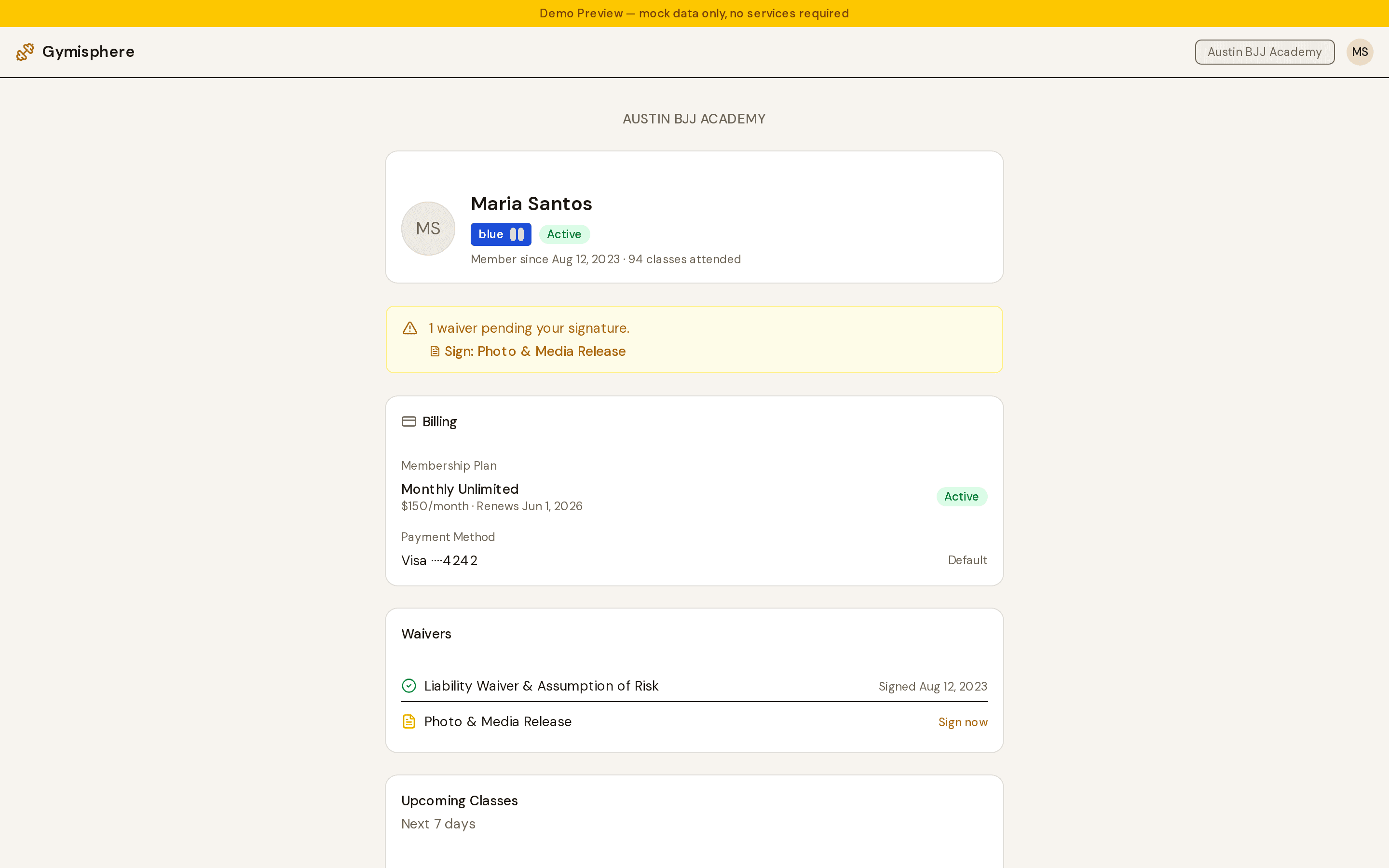 A member's portal: their plan and card on file, waivers to sign, and upcoming classes